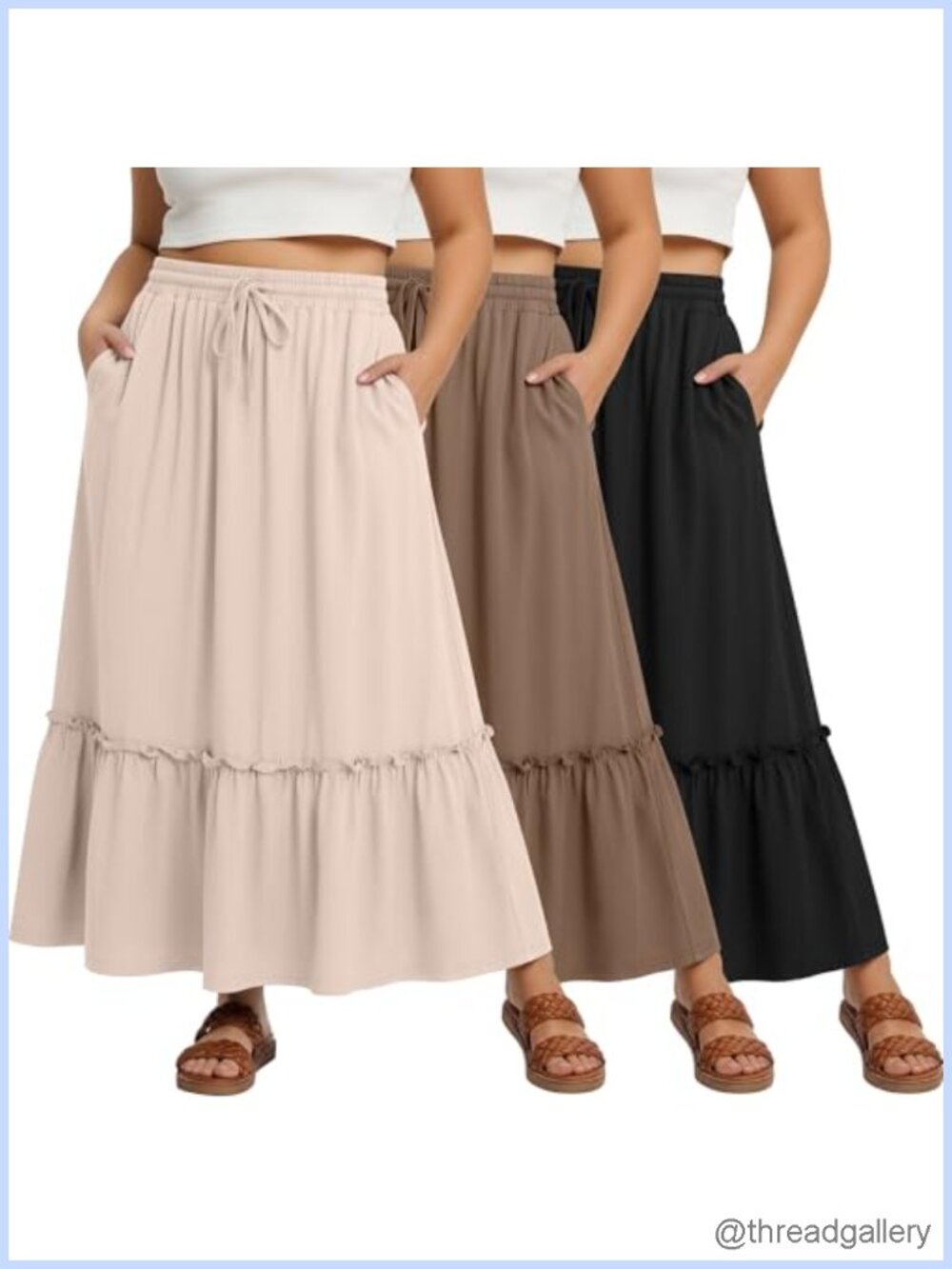 Women Plus Size Maxi Skirts 3-Pack with Pockets Tiered Ruffle Pleated Flowy